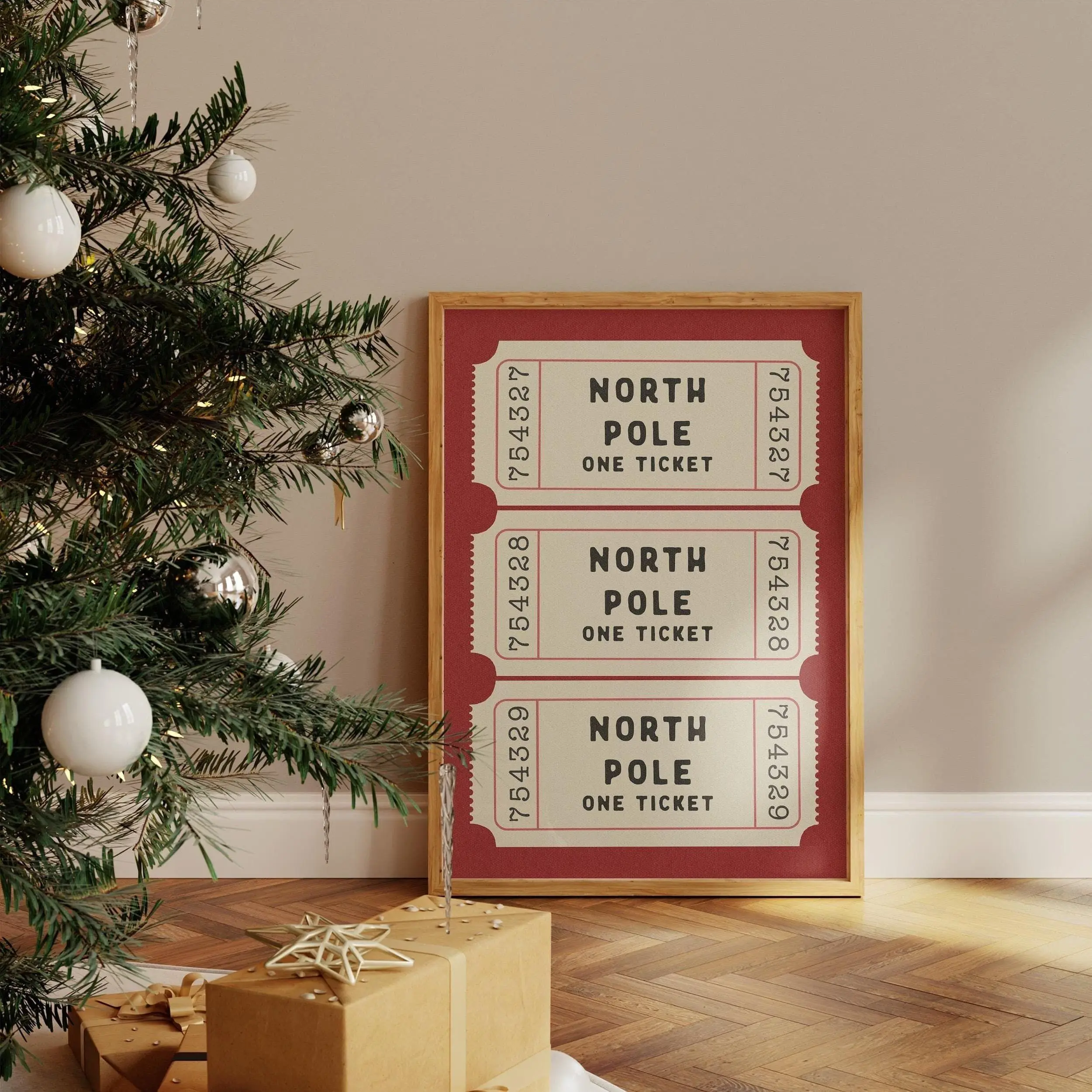 North Pole Ticket Print, Red Cream Festive Decor, Christmas Holiday Poster, Aesthetic Wall Art Trendy Xmas Home Decor Physical Print, Poster For Wall Art & Decor Poster Unframe