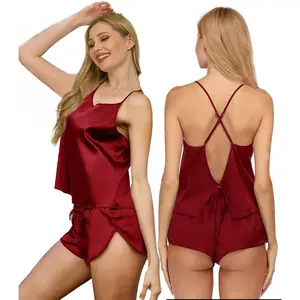 Womens Silk Pajamas Sets S-XXL 2Pcs Sexy Satin Pjs Lingerie Cami Shorts Set Camisole Sleepwear Nightwear