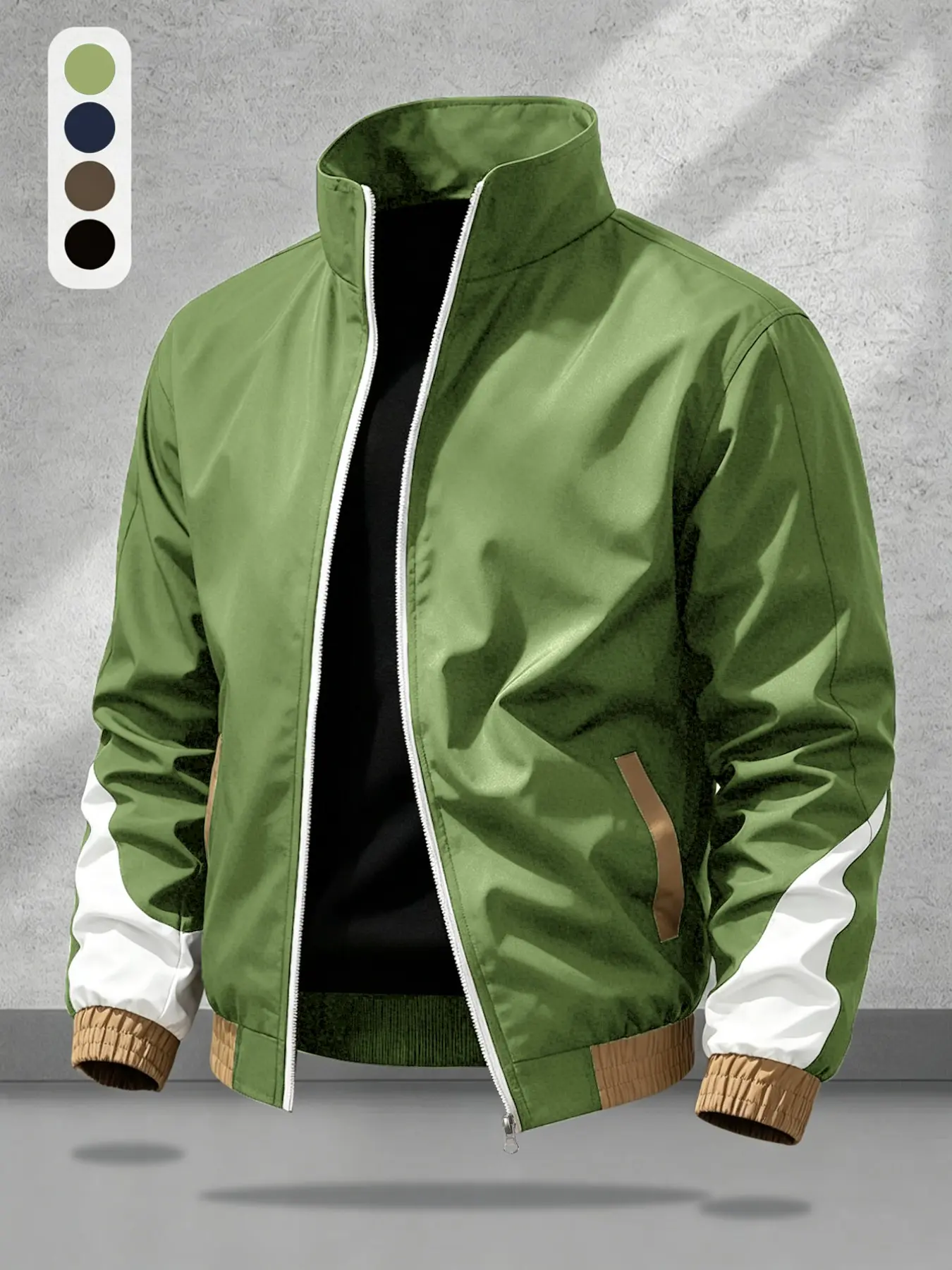 Men's Colorblock Stand Collar Sport Jacket, Casual Full Zip Windbreaker, Waterproof Patchwork, Streetwear Outerwear, Street Fashion Outerwear, All Seasons, Long Sleeve