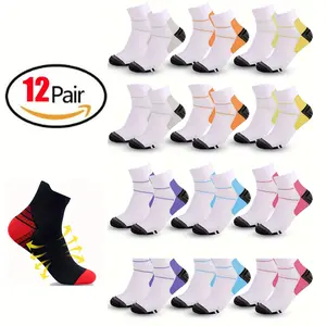12-Pair Men's Low-Cut Compression Socks - Athletic Ankle Support Crew Socks (8-15mmHg) for Sports, Travel, Hiking, Fishing - Multi-Color Pack (Black/White, Orange, Pink, Blue, Red, Purple,) - Hand Wash Only - Ideal for Teens & Adults, Socks Pack