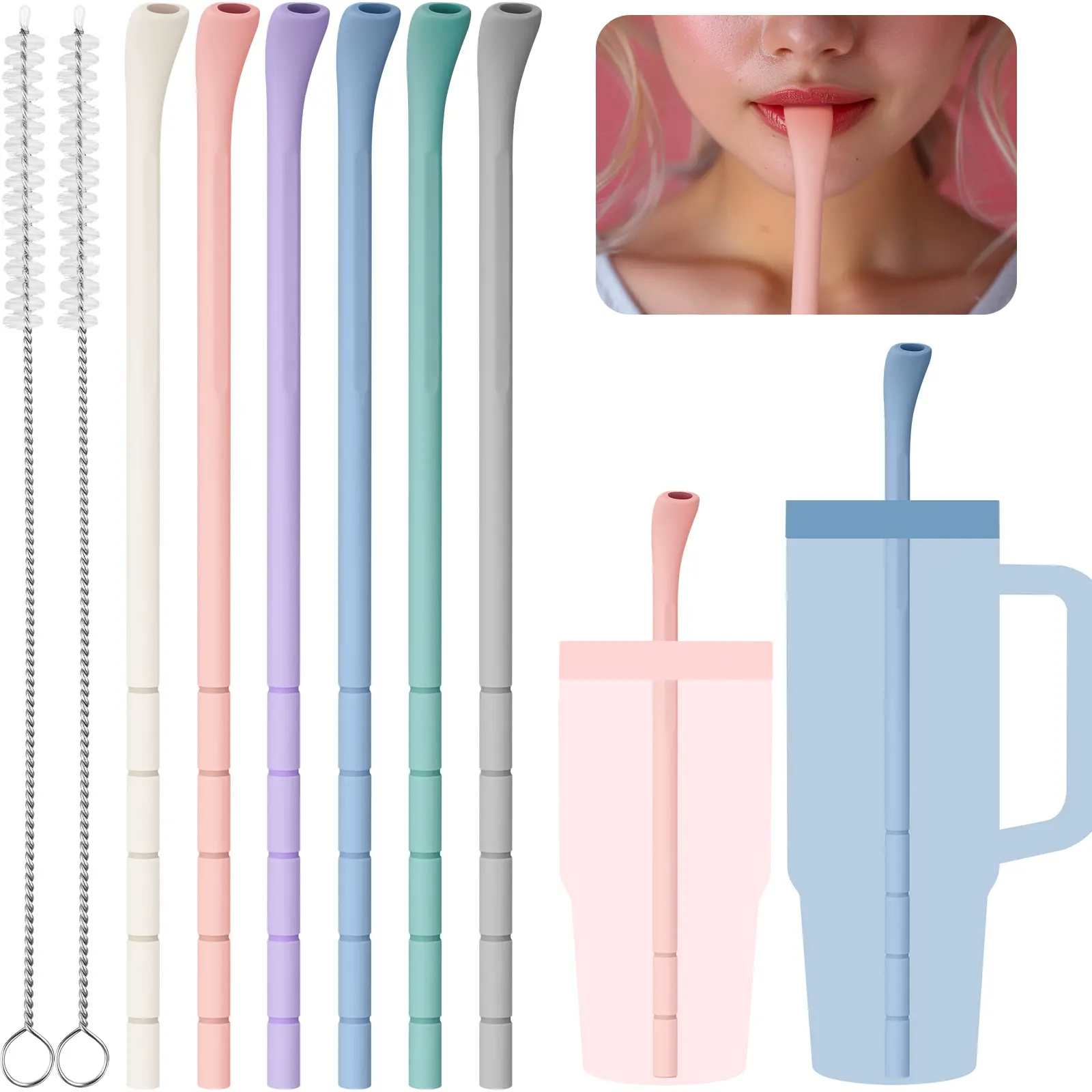 NiHome 6PCS Reusable Silicone Anti-Wrinkle Straws with Brushes, Customizable Length, Lip Protection, Fits 30oz-40oz Tumblers & Various Cups, Gift Ready