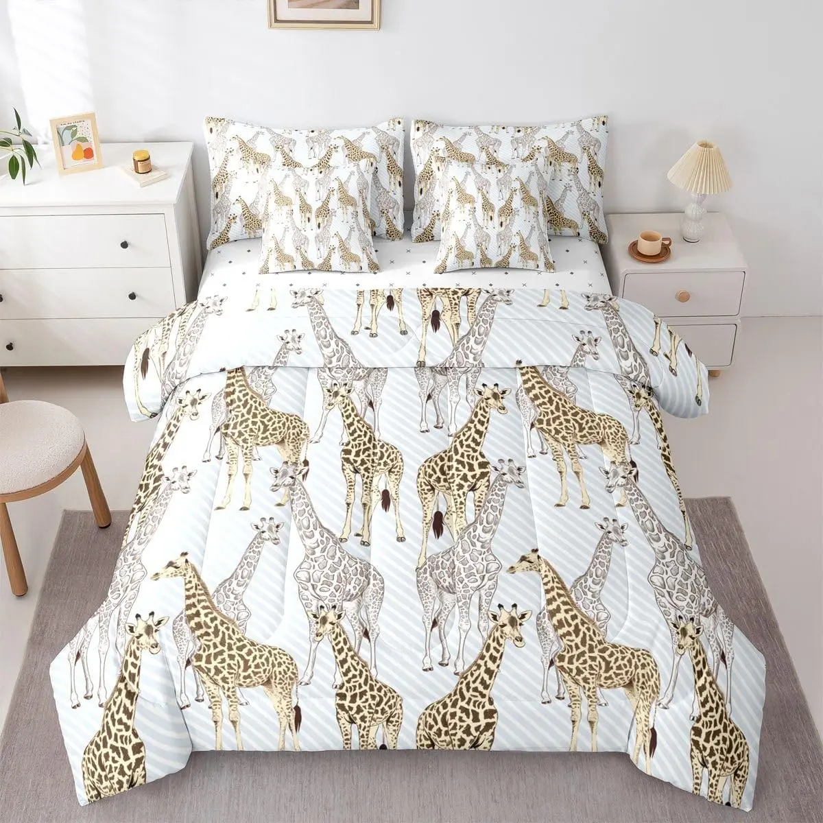 Cartoon Giraffe 7 Piece Bedding Set Tropical Animal Comforter Set with Sheets Blue Lines Bed in A Bag Bed Sets with 2 Pillowcases,2 Throw Pillow Covers