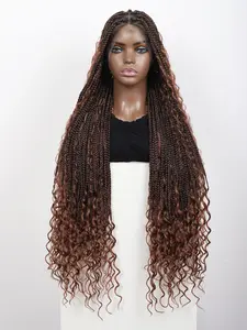 Full Lace Front Braided Wig, Bohemian Style Curly Hair Tail, Boho Box Braids, 36 Inches Box Braids, Synthetic Lace Front Wig, Synthetic Hair Texture for Women, Daily Wear, Box Braided Wigs