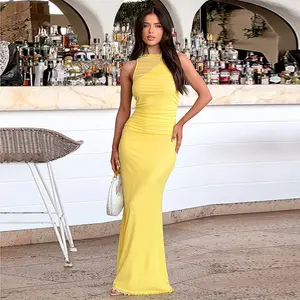 YJ24589DGO-Womens Plain Sleeveless Bodycon Maxi Dress Solid Mesh Patchwork Casual Long Dress for Women summervibes