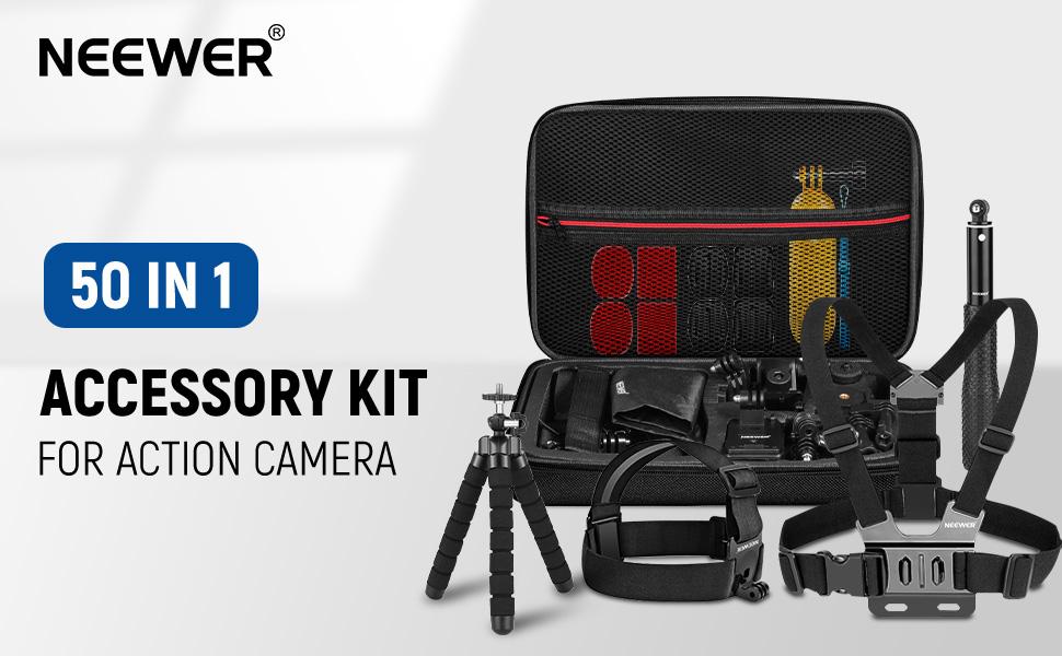 NEEWER GP-50 50-in-1 Action Camera Accessory Kit Compatible with GoPro Hero 12 11 10 9 DJI OSMO 4 3 2 Insta360 X3 X2 GO 3 SJCAM DBPOWER AKASO VicTsing APEMAN WiMiUS QUMOX Lightdow Campark Sony Sports DV