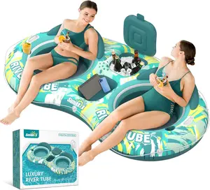 5-in-1 Pool Floats Adult Heavy Duty River Tube, 2 Person Water Lounge with Backrests, Built-in Cooler, Cup Holders, Deluxe Pool Float for Summer Relaxation