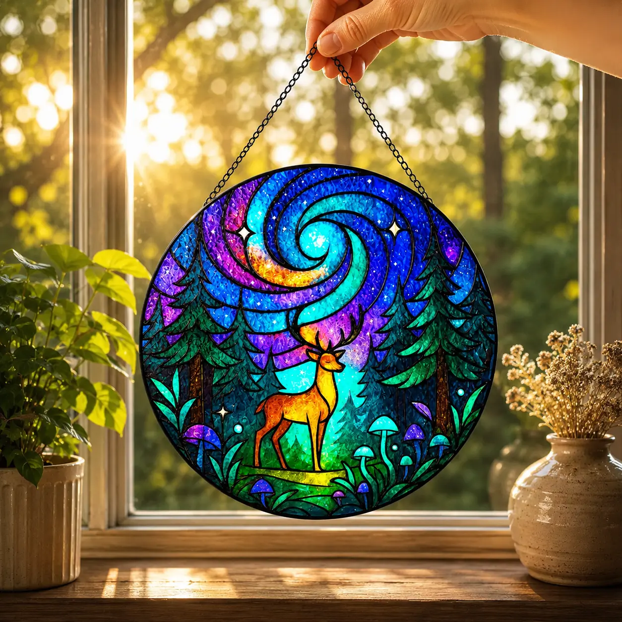 Cosmic Deer Stained Glass Style Suncatcher, Enchanted Forest Galaxy Window Hanging, Colorful Celestial Nature Decor, Boho Wildlife Gift