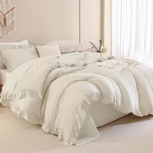 Beige Cream California King Size Comforter, 3 Ruffle Comforter Sets for Men Women, Lightweight Fluffy Down Alternative Decorative