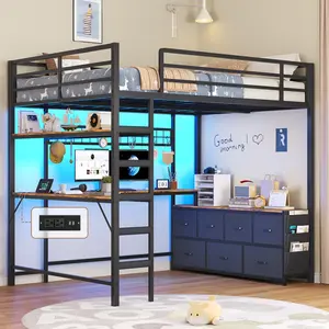 Sikaic Full Loft Bed with U-Shaped Desk, 7 Storage Drawers and Charging Station, Metal Full Size Loft Bed with Led Lights and 2-Tier Storage Shelves, Loft Full Bed with Safety Guardrail and Ladders