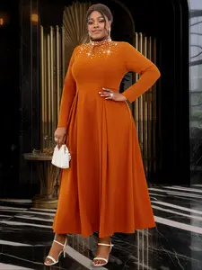 【Plus Size】 Beaded Decor Cut Out Mock Neck Dress, Elegant Long Sleeve Dress for Party Holiday Wedding Guest, Women's Clothes for Fall & Winter, Womenswear