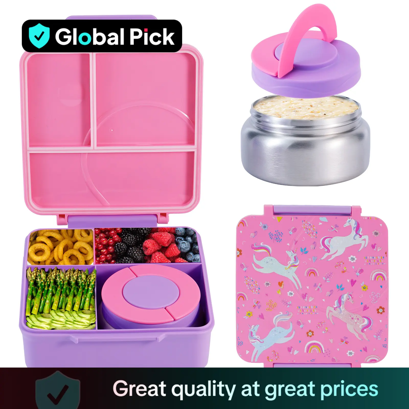 Cartoon Pattern Bento Box with Stainless Steel Soup Container, Microwave Safe, Portable Square Food Storage for Lunches and Travel