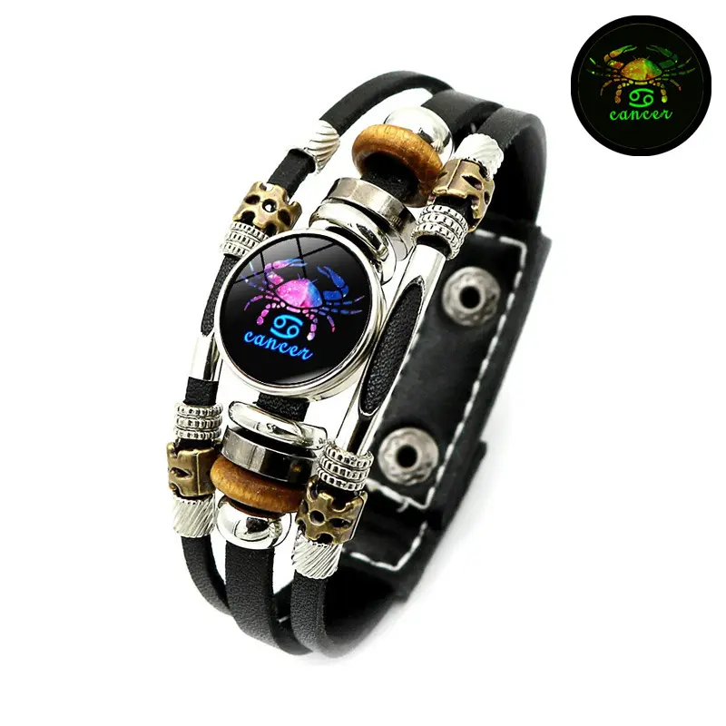 Glow-in-the-Dark 12 Zodiac Sgins Leather Bracelet for Women Men - Astrology Jewelry Accessory Gift