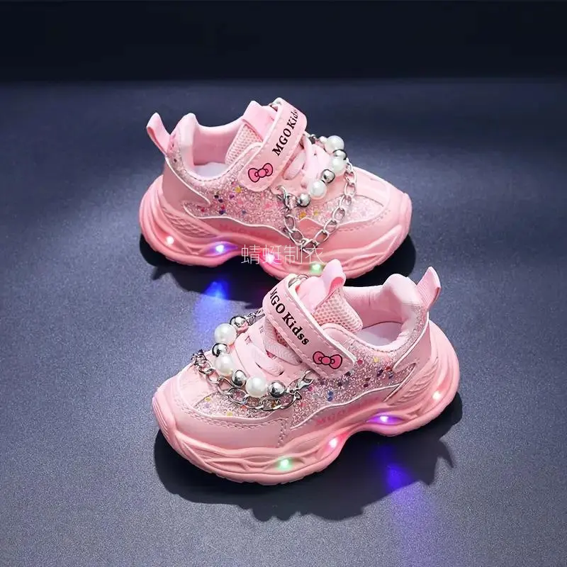 Girls' LED Trainer Sneakers (1-6Y) - Glow-in-the-Dark, Breathable PU Fabric, EVA, PVC Bead Accents, Flat Fashion Shoes, Christmas Gift Option (Pink/Purple), Led Shoes, Fashion Trainers, Flat Trainers