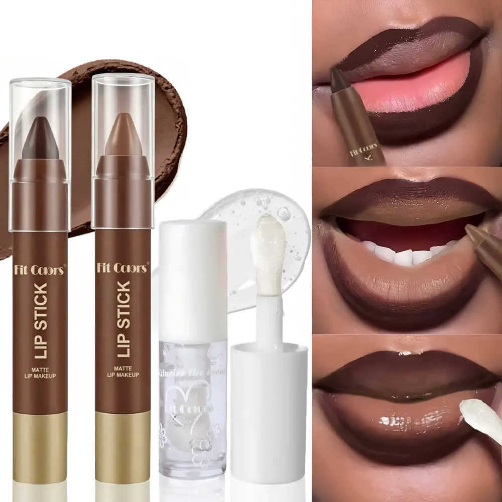 4Pcs Chocolate Lip Combo Set, 2-in-1 Lipstick and Lip Liner Pens with Hydrating Lip Glow Oil, Waterproof Long Lasting Matte Glossy Finish, Plumping Lip Makeup Kit for Music Festival Party, Aesthetic Women Gifts