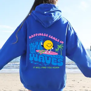 Happiness Comes In Waves, Retro, Beach, Fun, Sun Hoodie, Women's Crew Neck, Crewneck