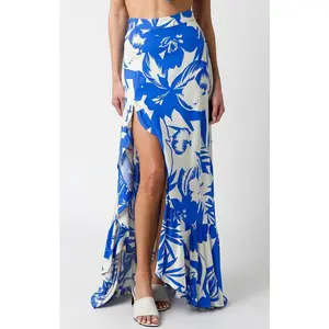 Hildee Floral Cascading Slit Maxi Skirt - Blue