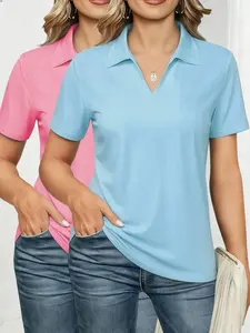 Womens Solid Color Polo Shirt, Casual Short Sleeve Collared Top for Daily Wear, Ladies Clothes for All Seasons, Cute Tops Spring Summer Sweater Tops 2026 Short Sleeve Soft Trendy Business Casual Outfits