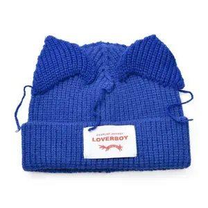 Winter Women's Hat Korean-Style Knitted Cat Ear Hip-Hop Beanie Personalized Letter Warm Pull-On Hat Internet Celebrity Style Machine Washable One-Size-Fits-All