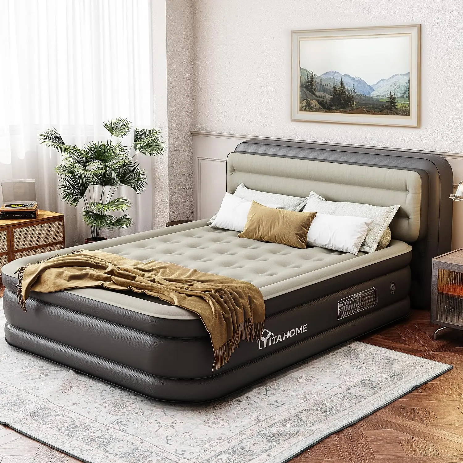 YITAHOME Queen Size PVC Rectangular Inflatable Couch with Pump, Banded Headboard, Foldable Durable Blow-Up Bed for Indoor-Outdoor Furniture Use, Black