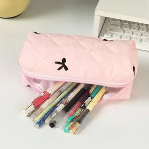1PC New Cute Bowknot Decor Large Capacity Student Pencil Case, Ditsy Floral Pattern Desk Storage Pouch, Portable Stationery Organizer