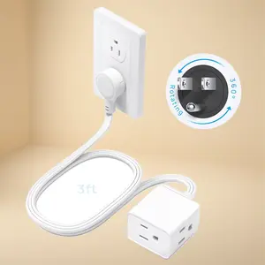 Flat Extension Cord 6ft with 360 °   Rotating Plug, ETL Listed 3 Prong Power Strip, Low Profile Three Outlets, 13A, SPT 16/3 Gauge, Small for Tight Spaces Indoor Home Office Cruise Travel, White