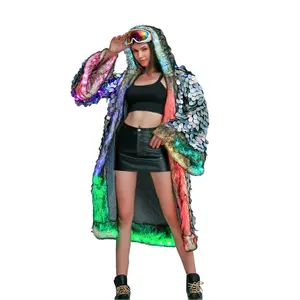 Plus Size Women's Oversized Longline Faux Fur Coat - Hooded with LED Light-Up Iridescent Sequin Detailing (Battery Not Included), Warm Winter Outerwear for Music Festivals, Parties Halloween Costumes, Trendy Street Style