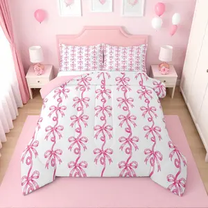 Pink Bow Bedding Set for Girls | Pink Ribbon Bow Tie Comforter Set for Kids Women,Cute Coquette Bows Striped Bed Set,Princess Bowtie Room Decor