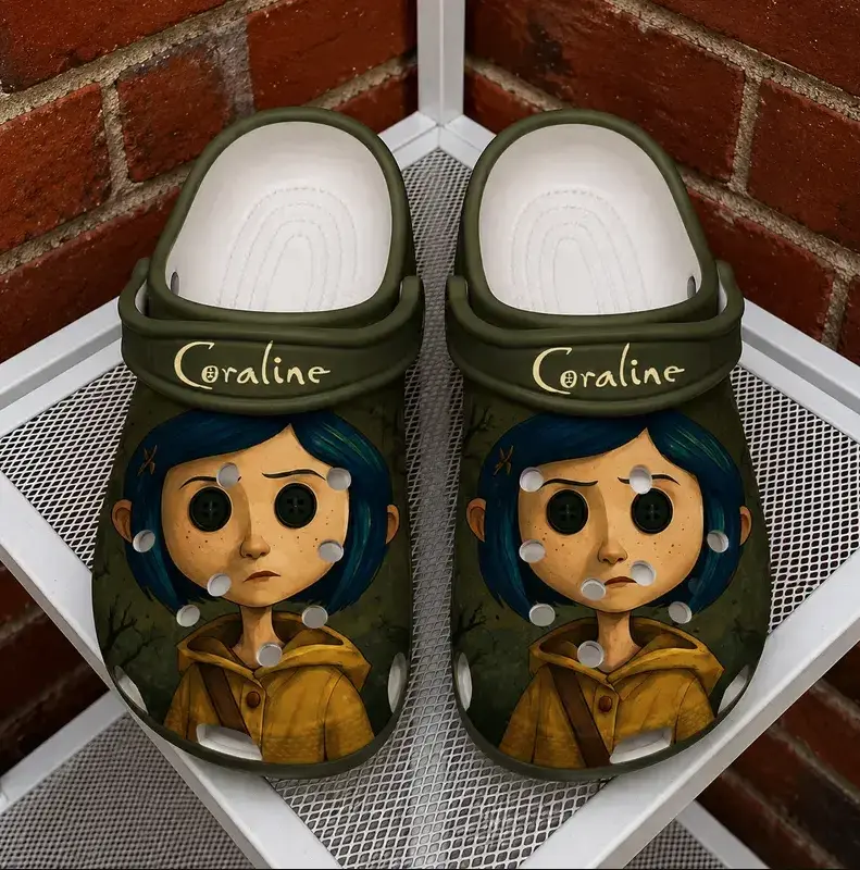 (No Box) Coralini Inspired Clogs – Spooky Button-Eye Cartoon Slip-On Shoes, Unisex Fan Gift, Halloween Casual Garden Sandals