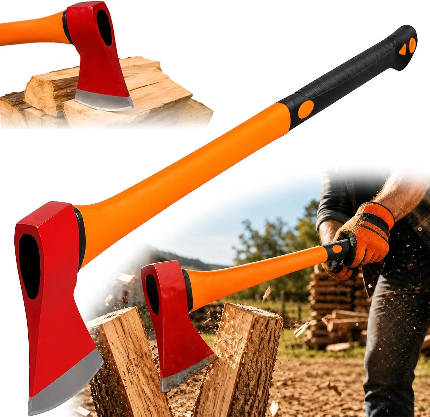 Felling Axe 4.5 lbs, 33.5" Chopping Hatchet with Shock Absorbing Fiberglass Handle, Duty Splitting Axe for Log Cutting, Firewood, Tool