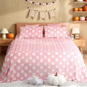 4 count Halloween Bedding Set  Size  with White   Bedding Throw Flannel Blanket with Halloween Sheets and 2 count Pillowcases for Bedroom  Decor