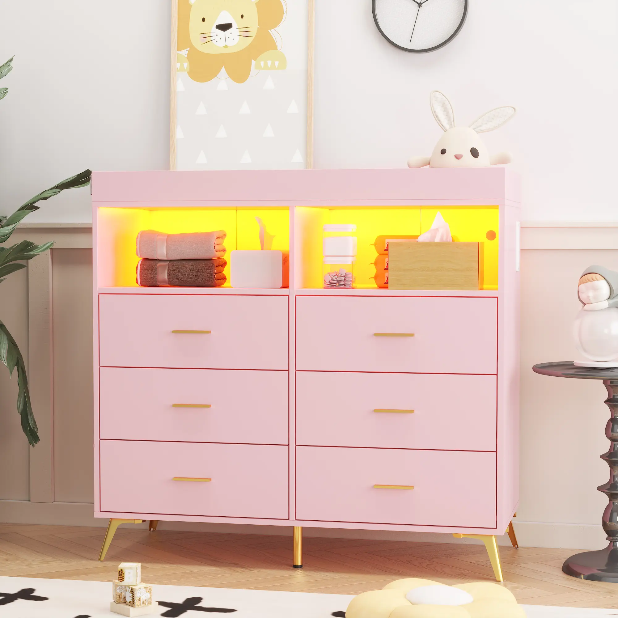Baby Changing Dresser Furniture with 6 Drawers, LED Lights, Power Outlet, MDF Frame, Easy Set-Up, Large Storage for Nursery, Living Rooms
