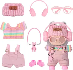 17cm La-bu Clothes Set 7-Piece Pink Outfit with Strap Pants T-Shirt Headphones Hat Glasses Shoes & Pendant for 1/2/3 Generation Dolls