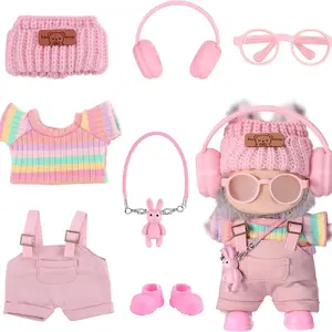 17cm La-bu Clothes Set 7-Piece Pink Outfit with Strap Pants T-Shirt Headphones Hat Glasses Shoes & Pendant for 1/2/3 Generation Dolls