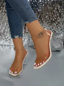 Women's Fashion Square Toe High Heel Sandals, Transparent Elegant Party Shoes, Outdoor Wear, Minimalist High Heels, Ankle Strap Design