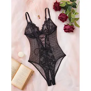 Contrast Lace Sexy Mesh Women's Bodysuit Lingerie, 1pc sweet dress for girls # tiktok made me buy it # nightgown # slip dress # fyp # lingerie