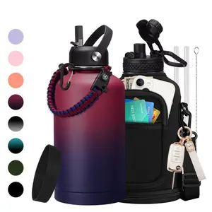 Half Gallon Vacuum Flask Water Bottle - Big Water Jug with Straw & Spout Lid, Paracord Handle, Carrier Bag, Stainless Steel Insulated Water Bottle, 32/40/64/128oz
