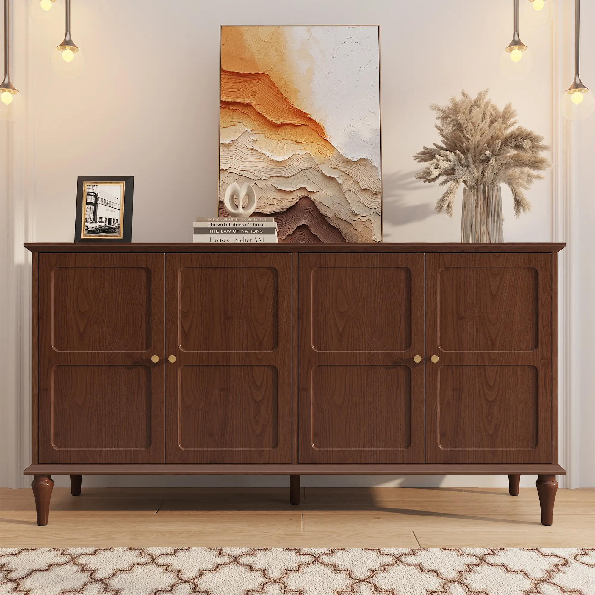 [summerwins] HLR Mid-Century Modern Sideboard Buffet Cabinet, Walnut Wood 4-Door Storage Credenza, Large Capacity, Farmhouse Home Furniture, Entryway Living Room Dining Room, Scratch-Resistant Surface, Hidden Storage Organizer,summerwins summerwins