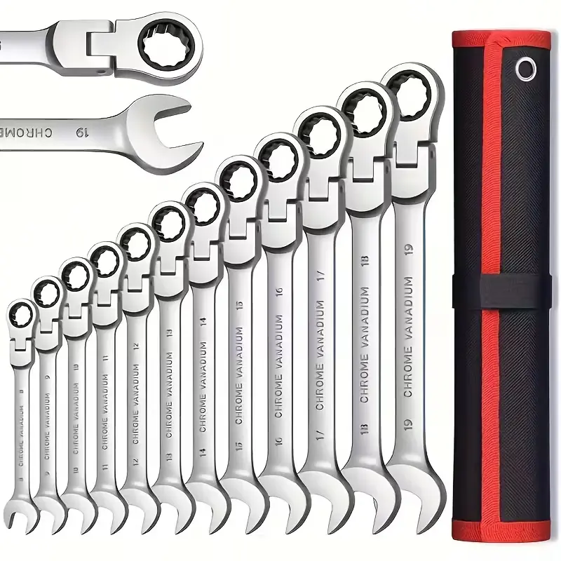 12PC Flex Head Ratcheting Wrench Set, 8-19mm Metric Combination Wrench Set, 72-Tooth 5° Swing Arc Ratchet Wrenches with 180° Flexible Head, Mechanic Hand Tool Set for Automotive Car Motorcycle Bicycle Repair