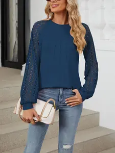 Women's Sheer Lace Patchwork Lantern Sleeve Loose Fit Blouse – Elegant Ruched Crew Neck Long Sleeve Top