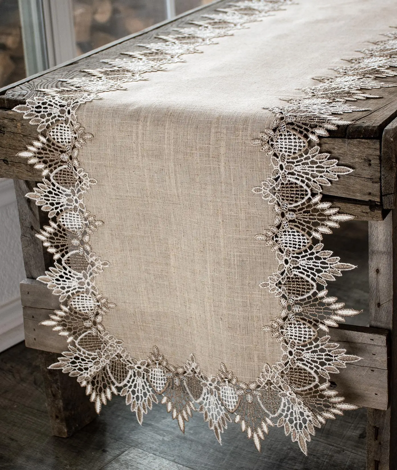 Linens Art And Things - Neutral Earth Tone Beige Greek Embroidery Lace Table Runner, Machine Washable Dry Farmhouse Hemstitch Dresser Scarf Centerpiece