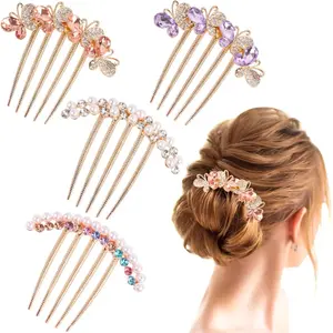 Butterfly Crystal Hair Pins for Women Pearl Rhinestone Hair Side Combs & Fork Clip for Updo Bun Accessories 4 Pcs Set