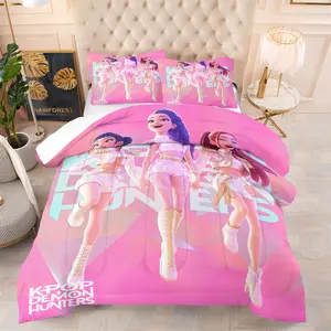 K-Pop Demon Hunter Printed Comforter Set, Includes Filled Blanket and Pillowcases,Pink Color, Sweet Energy Girl Group Design, Comfortable Fabric, Decorative Bedding Set, Bedroom Decoration or Fans Gift