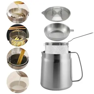 304 Stainless Steel Deep Fryer Pot with Basket & Strainer, Large Capacity Bacon Grease Container for Kitchen,Frying, Cooking, Camping,Oil Filter Container - Dishwasher Safe