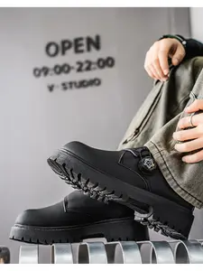 Men's Chunky Platform Loafers, Rotating Buckle Black Leather Casual Shoes, Non-slip Lug Sole Height Increasing Dress Shoes for Business & Daily Wear