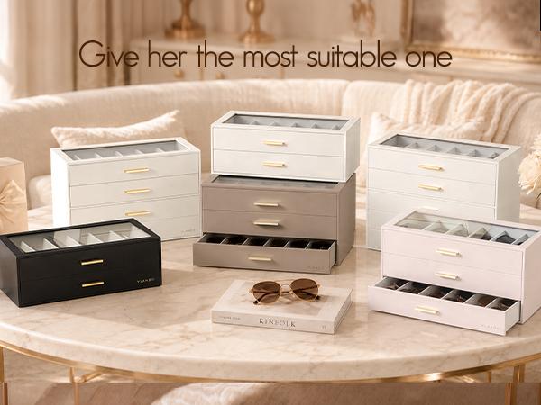 VLANDO Sunglasses Organizer Case, Eyeglass Storage Box with Clear Lid and 2/3/4 Drawers, PU Leather Glasses Holder for Women and Men, bedroom organizer summerwins,dorm essentials,home decor VLANDO Sunglasses Organizer Case, Eyeglass Storage Box with Clear Lid and 2/3/4 Drawers, PU Leather Glasses Holder for Women and Men, bedroom organizer summerwins,dorm essentials,home decor