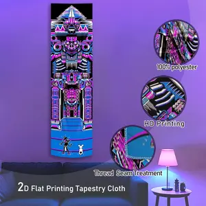 2D Flat Aztec Pyramid Skull Geometric Design Vertical Blacklight Tapestry - Pink Blue Neon Tribal Art UV Reactive Banner Tapestry | Ancient Mayan Culture Inspired Luminous Tapestry | HD Printing Glow in the Dark Polyester Tapestry for Ambience Decor