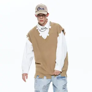 2024 Spring Hong Kong Style Trendy Knitted Sweater Men BF Couple College Style Woolen Vest Sleeveless Waistcoat