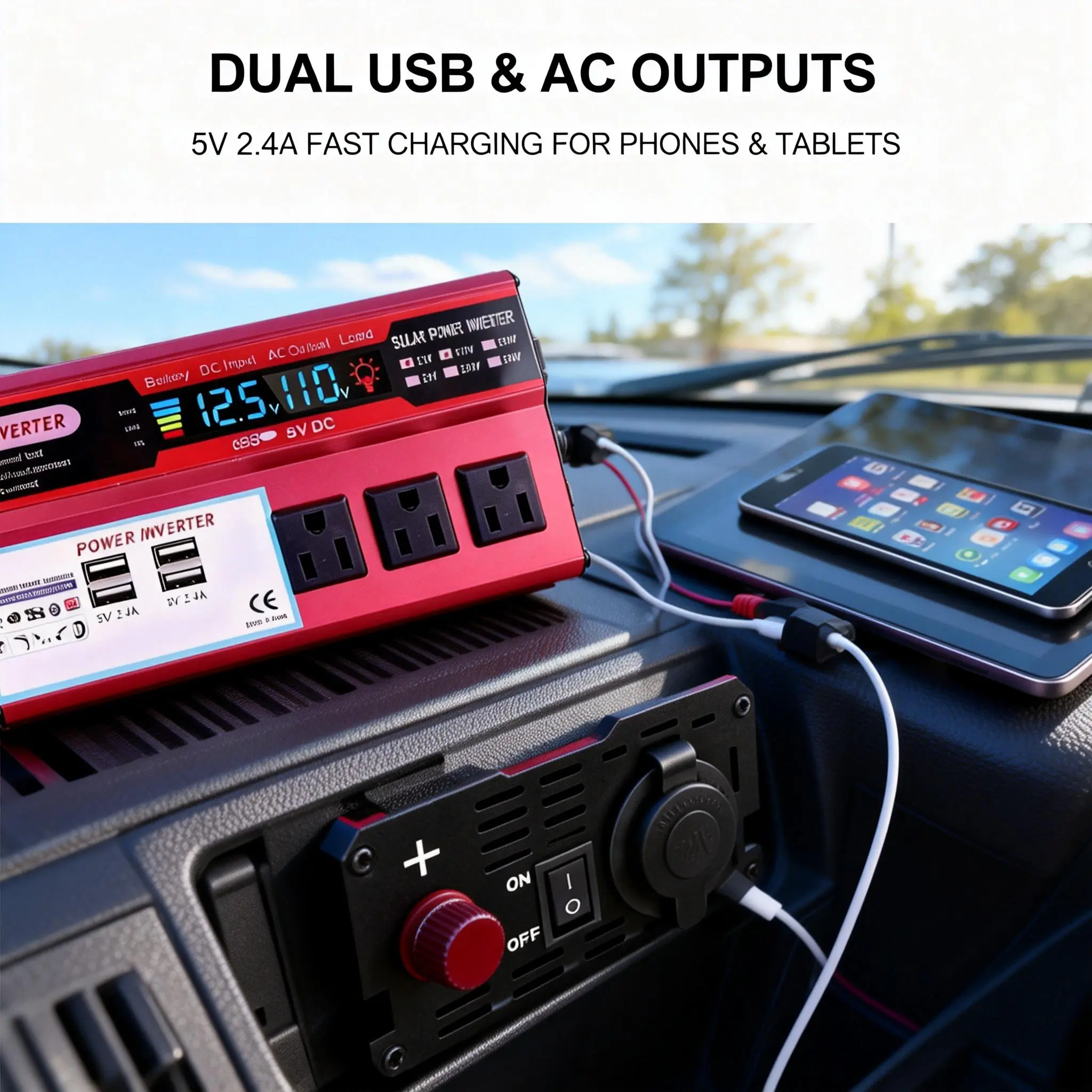 Portable Car Power Inverter 5000W Peak DC12V to AC110V Voltage Transformer Multi AC Outlets Fast Charging USB Ports Car Battery Power Supply for Laptops Phones Outdoor Camping Road Trip Gadget