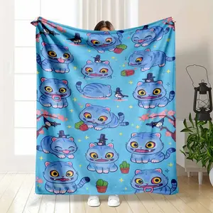 Cute Blue Derpy Cat Flannel Blanket Funny Cartoon Character Throw Soft Cozy Fleece Blanket for Bed Sofa Aesthetic Room Decor Kawaii Pop Culture Art Plush Nap Blanket Lightweight Travel Throw Unique Birthday Gift for Cat Lovers Kids Teens Adults