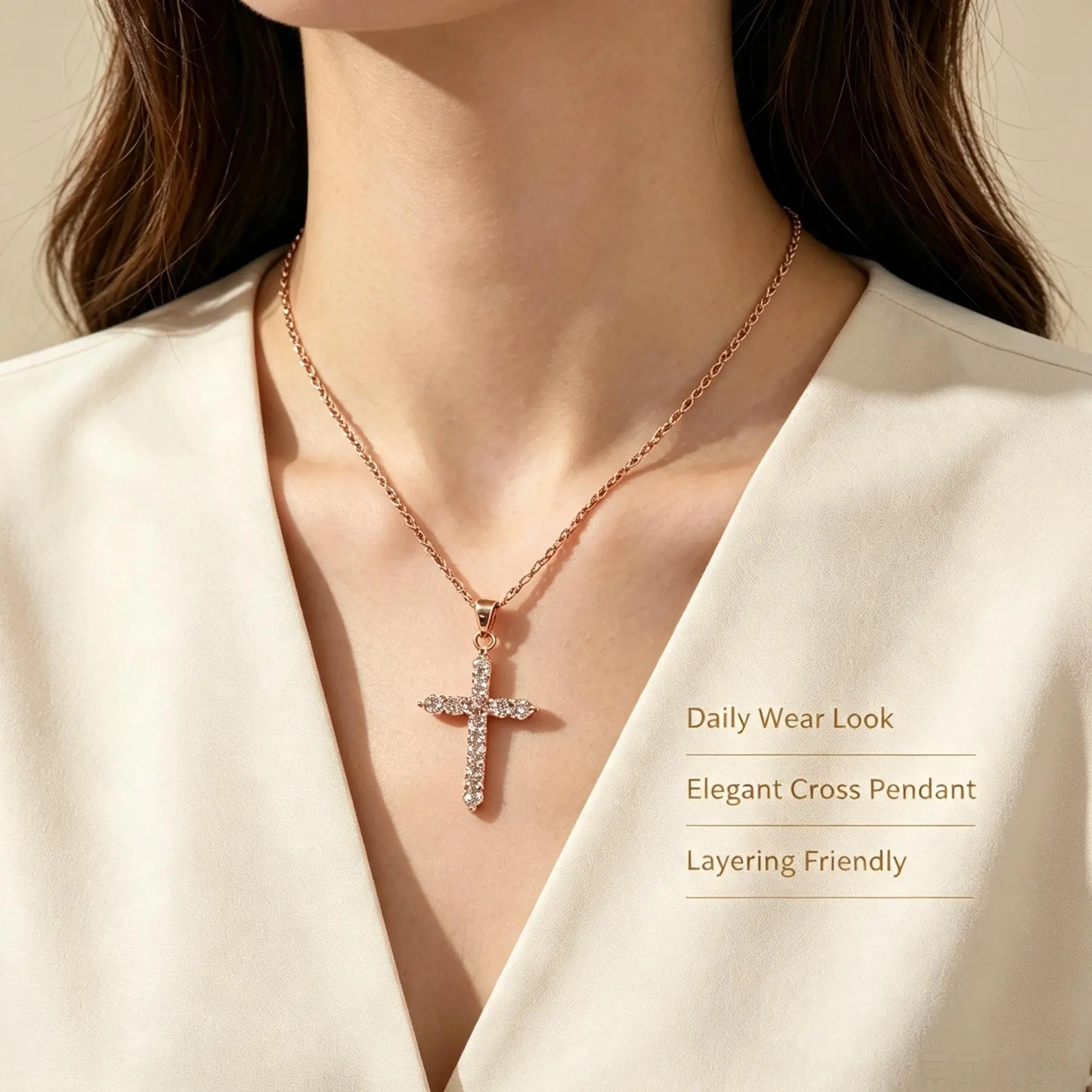 Elegant Female 1-Piece Dainty Gold Cross Necklace - Sparkly Cubic Zirconia, Cross Motif Faith Pendant, Religious Costume Jewelry, Gift-Ready for Girls